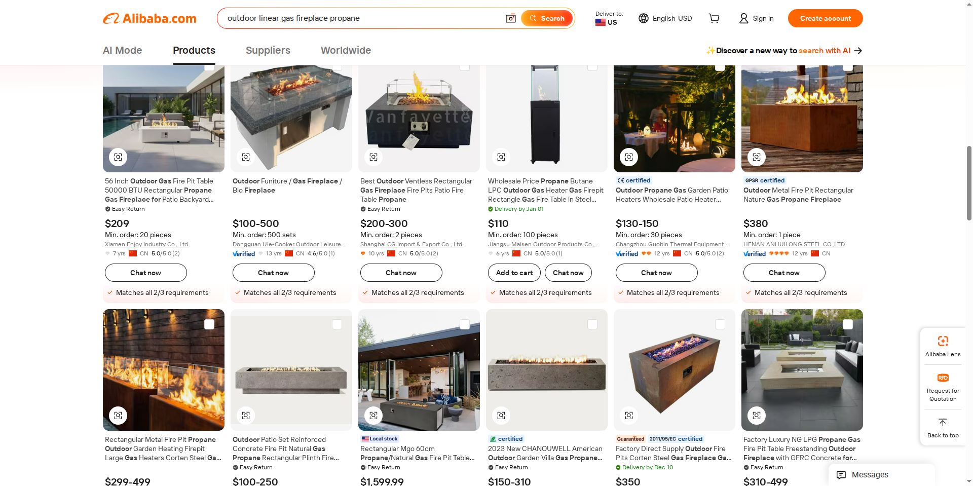 Alibaba search results for outdoor linear gas fireplace propane